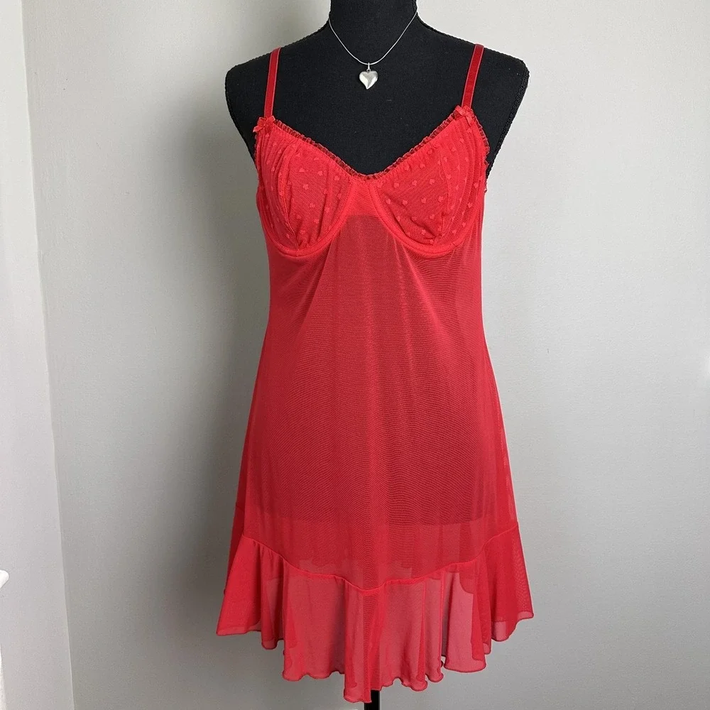 Sheer Babydoll Chemise‎ Womens Small Red Lingerie Slip Ruffle Mesh Underwire